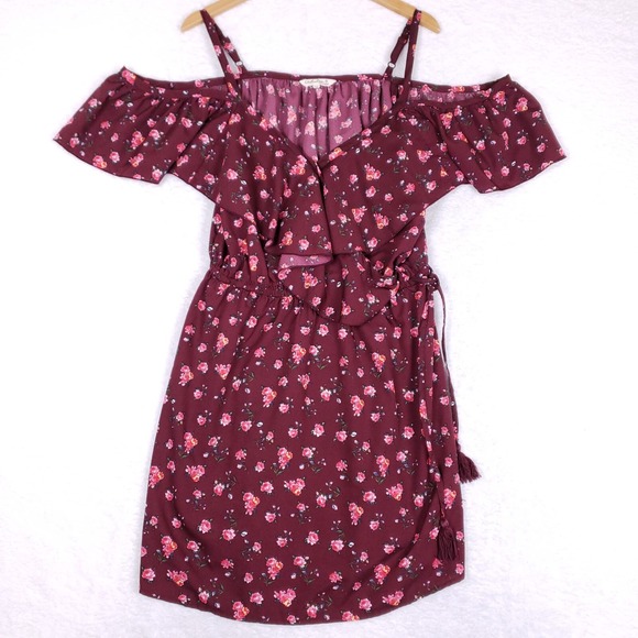 Indulge Style Dress Cold Shoulder Ruffle 1X Burgundy Floral Boho Chic Y2K Garden - Picture 1 of 7